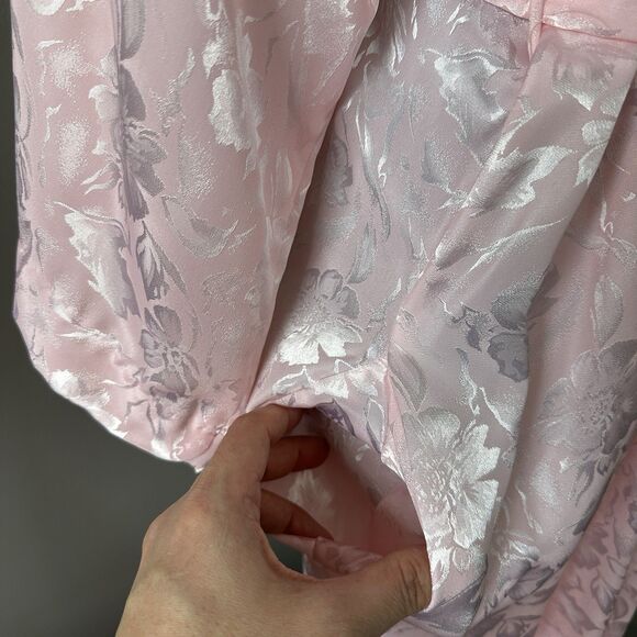 Vtg 90s Long Kimono Robe Small Powder Pink Floral Embossed Satin Belted Romantic - Picture 7 of 12
